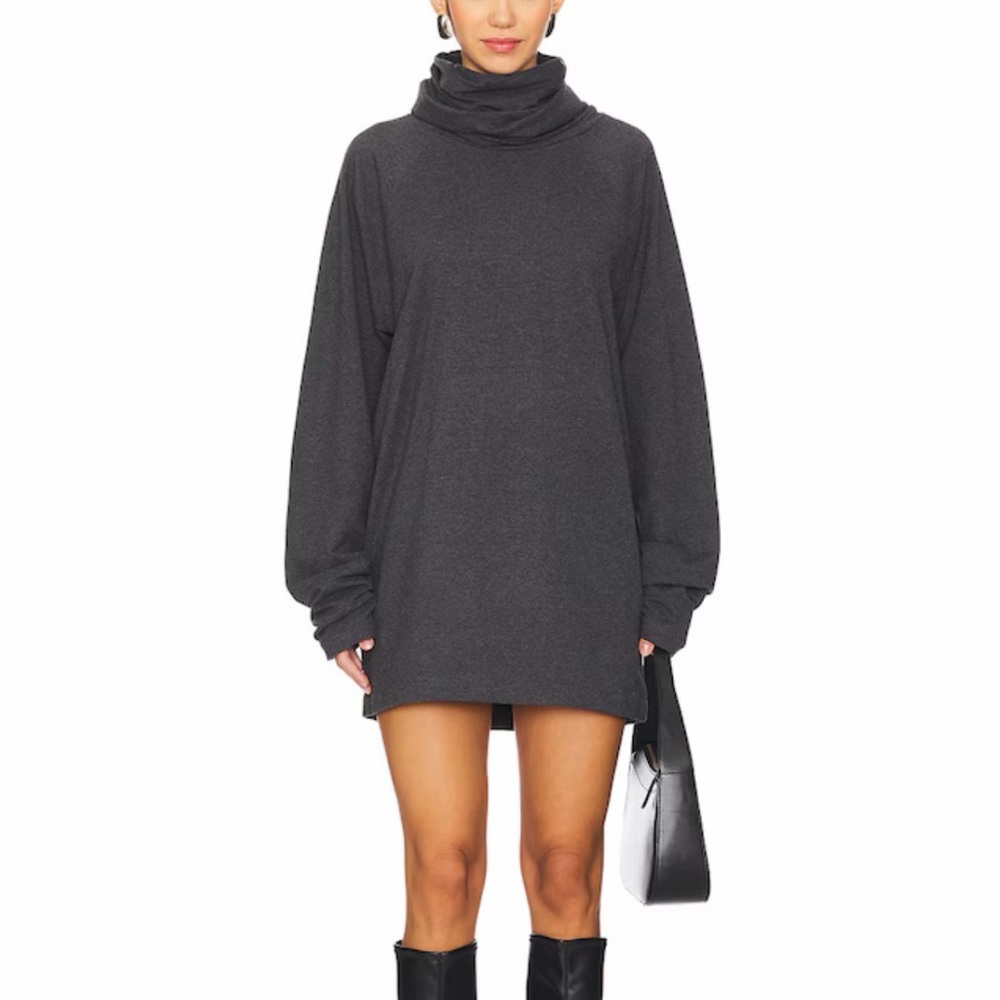 Norma Kamali Oversized Raglan Sleeve Turtleneck Mini Dress in Charcoal NWT